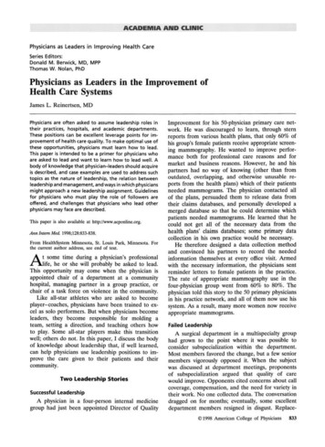 Physicians As Leaders In The Improvement Of Health Care Systems - Piedmont