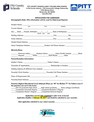 APPLICATION FOR ADMISSION Demographic Data: (This . - Pitt County Schools