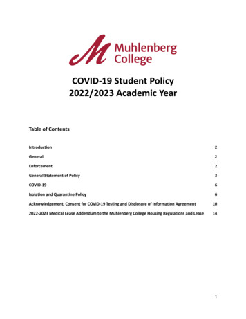 COVID-19 Student Policy 2022/2023 Academic Year - Muhlenberg.edu