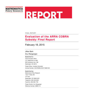 FINAL REPORT Evaluation Of The ARRA COBRA Subsidy: Final Report