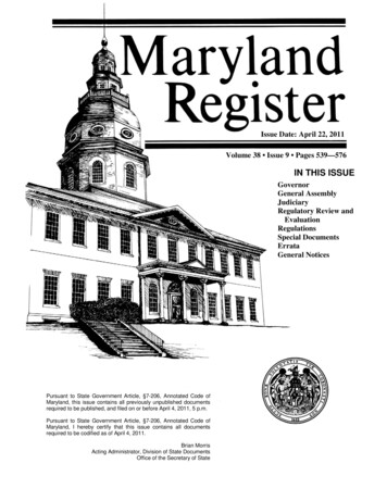 Issue Date: April 22, 2011 Volume 38 - Maryland State Archives