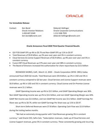 For Immediate Release Oracle Announces Fiscal 2020 Third Quarter .
