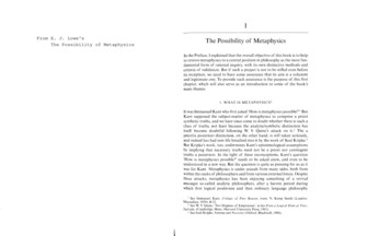R The Possibility Of Metaphysics - University Of Washington