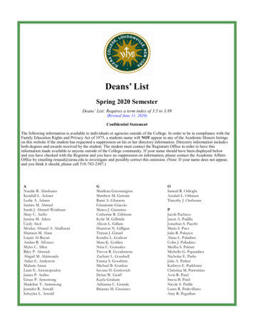 Deans List Spring 2020 - Siena College