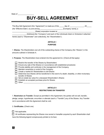 State Of BUY-SELL AGREEMENT - Legal Templates