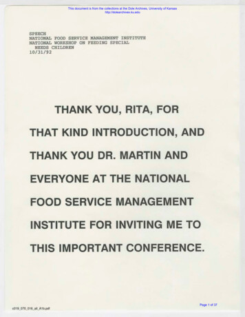 Speech National Food Service Management Institute National Workshop On .