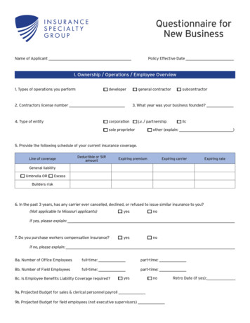 Questionnaire For New Business - Insurance Specialty Group