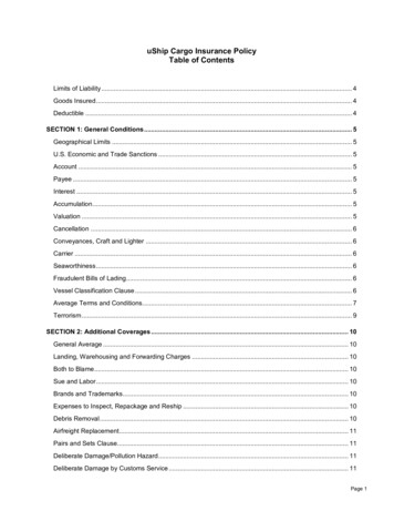UShip Cargo Insurance Policy Table Of Contents
