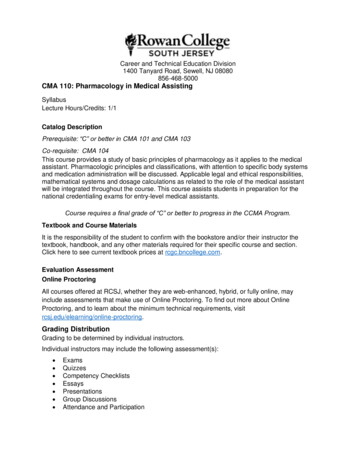 CMA 110: Pharmacology In Medical Assisting - Rcsj.edu