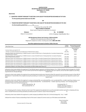 UNITED STATES SECURITIES AND EXCHANGE COMMISSION FORM 10-Q OR - Wells Fargo