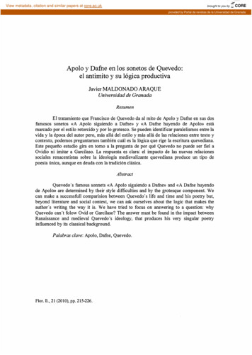 Apolo Dafne En Los Sonetos De Quevedo: El Antimito Su Lógica . - CORE