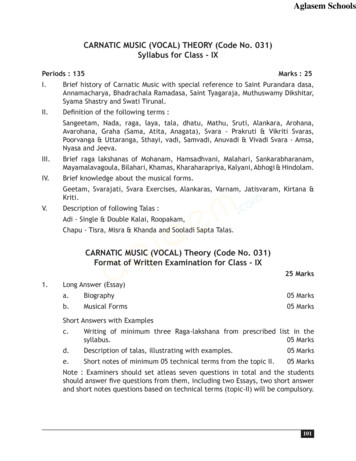 CARNATIC MUSIC (VOCAL) THEORY (Code No. 031) Syllabus For Class - AglaSem