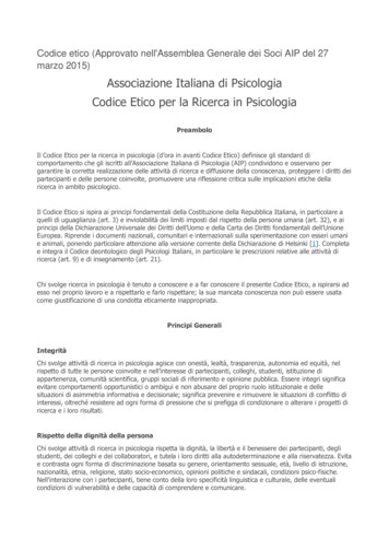 Associazione Italiana Di Psicologia Codice Etico Per La Ricerca . - Univr