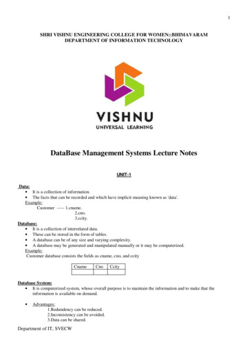 DataBase Management Systems Lecture Notes