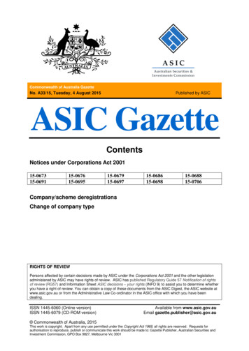 Commonwealth Of Australia ASIC Gazette