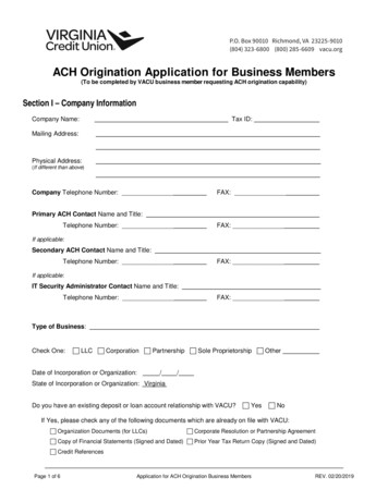 ACH Origination Application For Business Members