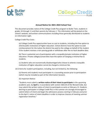 Annual Notice For 2021-2022 School Year - Butler Tech
