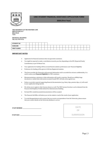 UWC STUDENT FINANCIAL ASSISTANCE APPLICATION FORM 