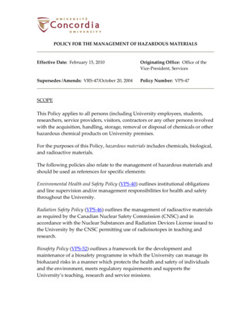 POLICY FOR THE MANAGEMENT OF HAZARDOUS MATERIALS 