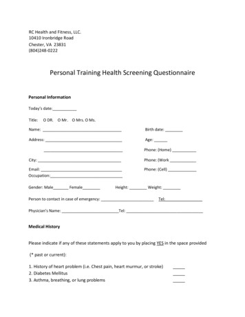 Personal Training Health Screening Questionnaire